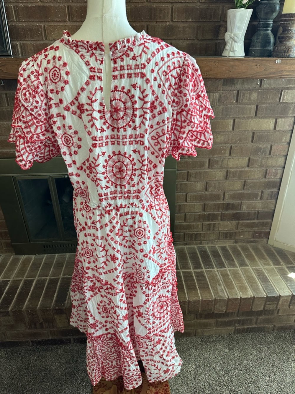 NWT Hayden LA Boho Embroidered Eyelet Lace Midi Red White Scallop Sleeve 1XL - Picture 8 of 11